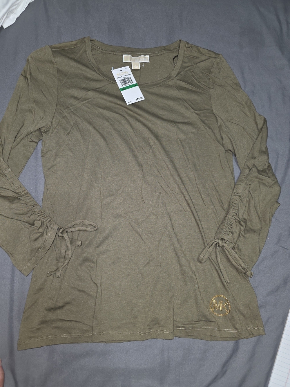 Michael Kors Olive Green Long Sleeve Tie-Sleeve Top with Gold Logo
